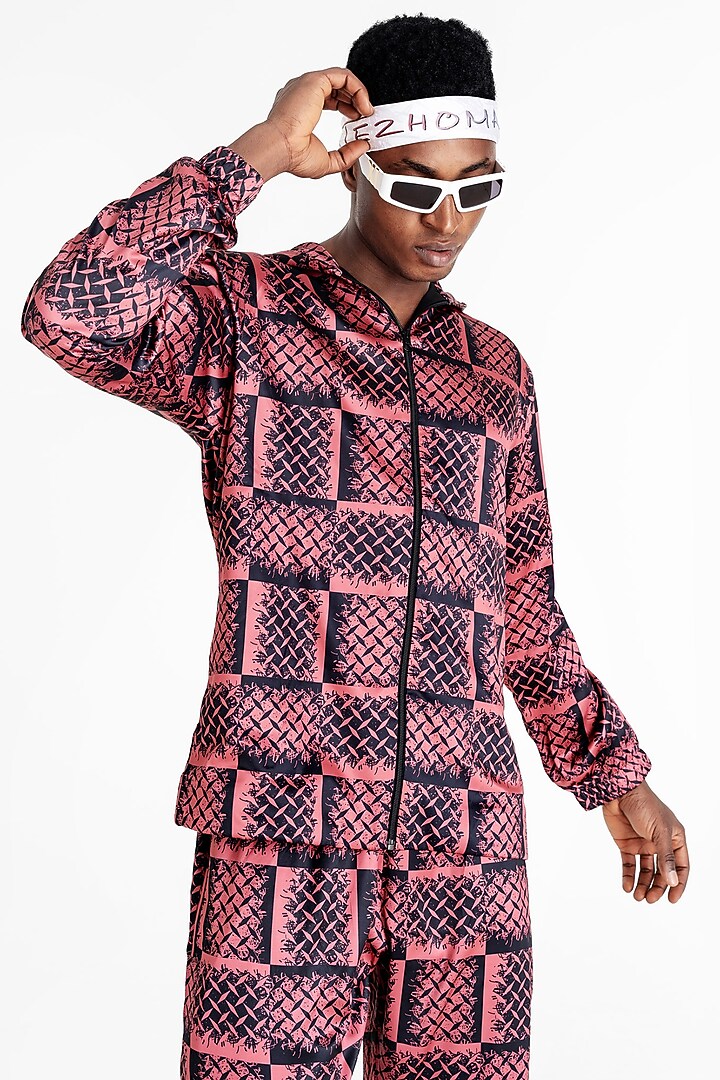 Ruby Red Polyester Printed Hooded Jacket by Tezhomaya by Kavit Mehta at Pernia's Pop Up Shop