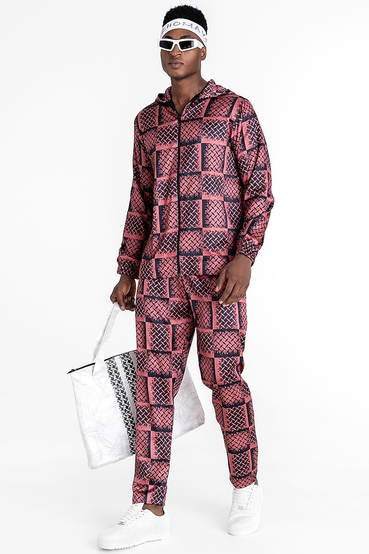 Ruby Red Polyester Printed Hooded Jacket by Tezhomaya by Kavit Mehta at Pernia's Pop Up Shop