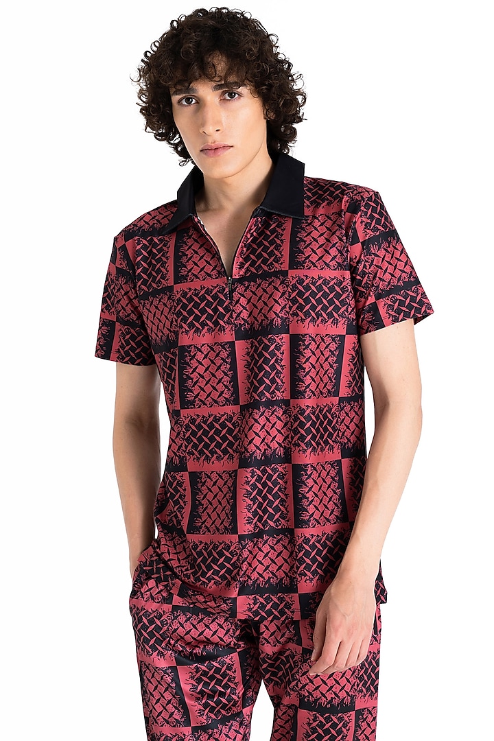 Ruby Red Polyester Printed Polo T-Shirt by Tezhomaya by Kavit Mehta