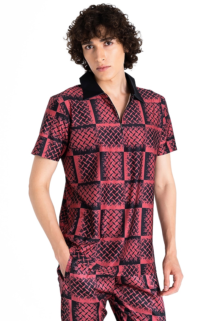 Ruby Red Polyester Printed Polo T-Shirt by Tezhomaya by Kavit Mehta at Pernia's Pop Up Shop
