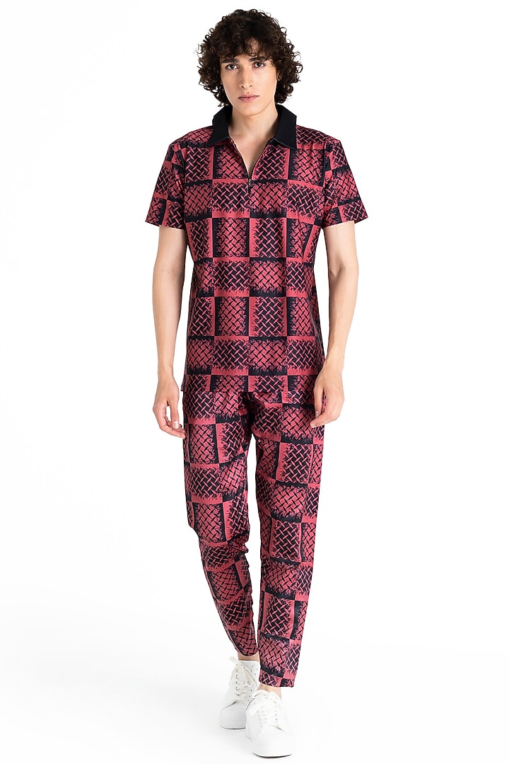 Ruby Red Polyester Printed Polo T-Shirt by Tezhomaya by Kavit Mehta at Pernia's Pop Up Shop