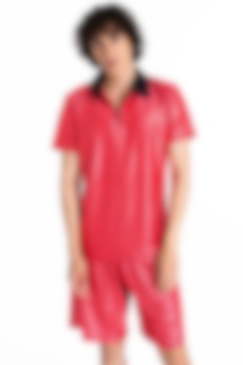 Red Polyester Printed Polo T-Shirt by Tezhomaya by Kavit Mehta