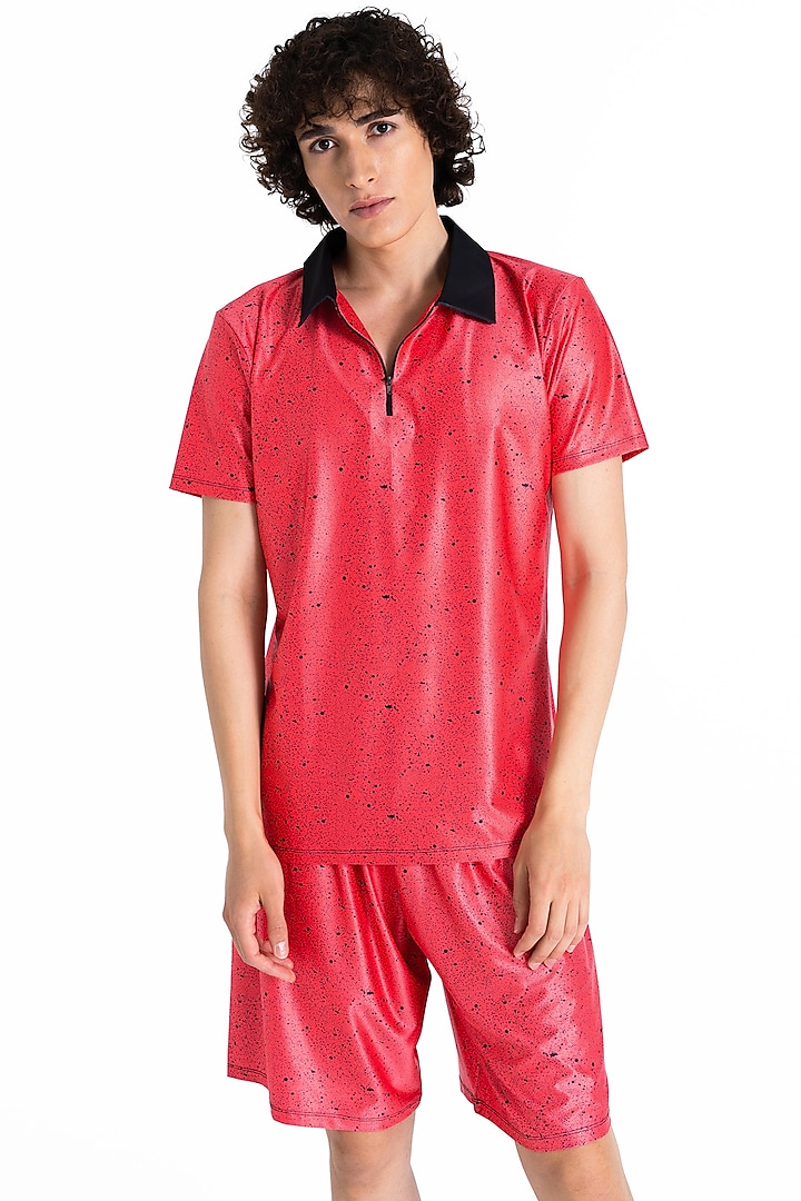 Red Polyester Printed Polo T-Shirt by Tezhomaya by Kavit Mehta