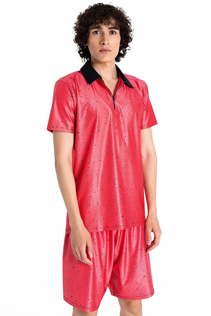 Red Polyester Printed Polo T-Shirt by Tezhomaya by Kavit Mehta at Pernia's Pop Up Shop