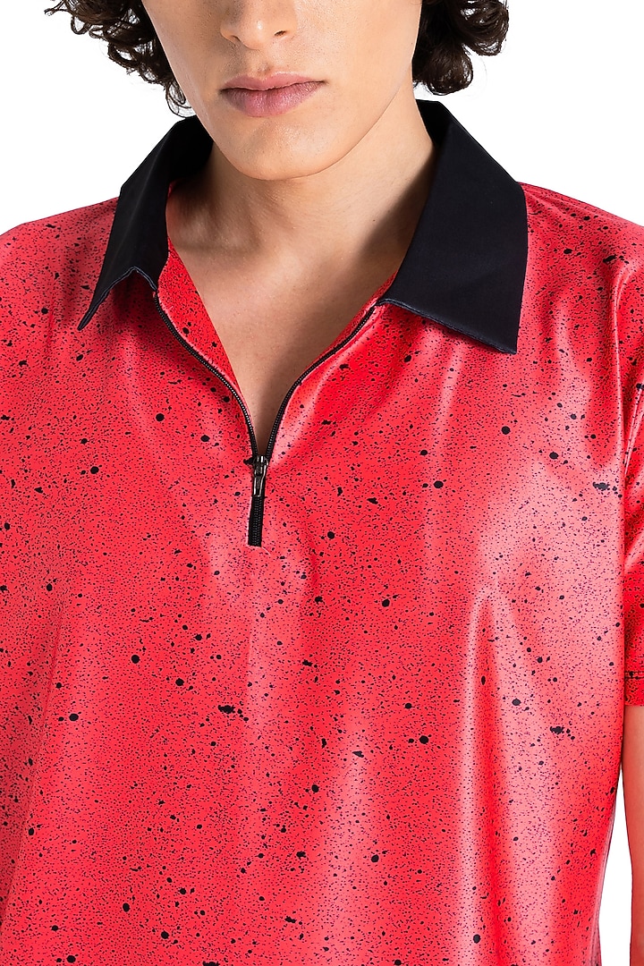 Red Polyester Printed Polo T-Shirt by Tezhomaya by Kavit Mehta at Pernia's Pop Up Shop