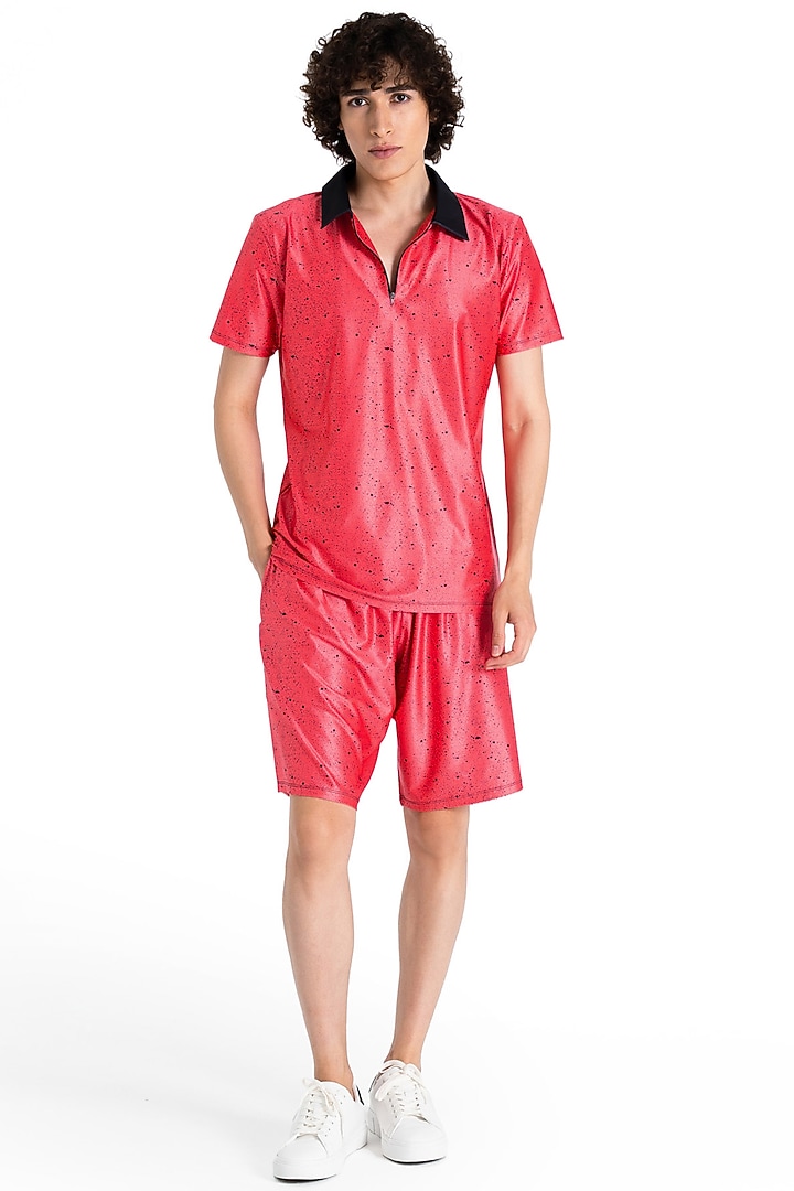 Red Polyester Printed Polo T-Shirt by Tezhomaya by Kavit Mehta at Pernia's Pop Up Shop