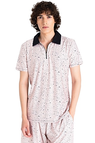 Light Beige Polyester Printed Polo T-Shirt by Tezhomaya by Kavit Mehta