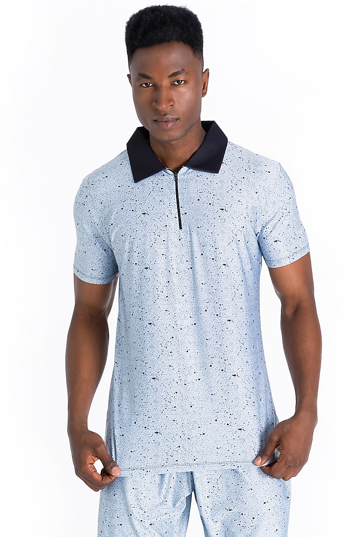 Light Blue Polyester Printed Polo T-Shirt by Tezhomaya by Kavit Mehta