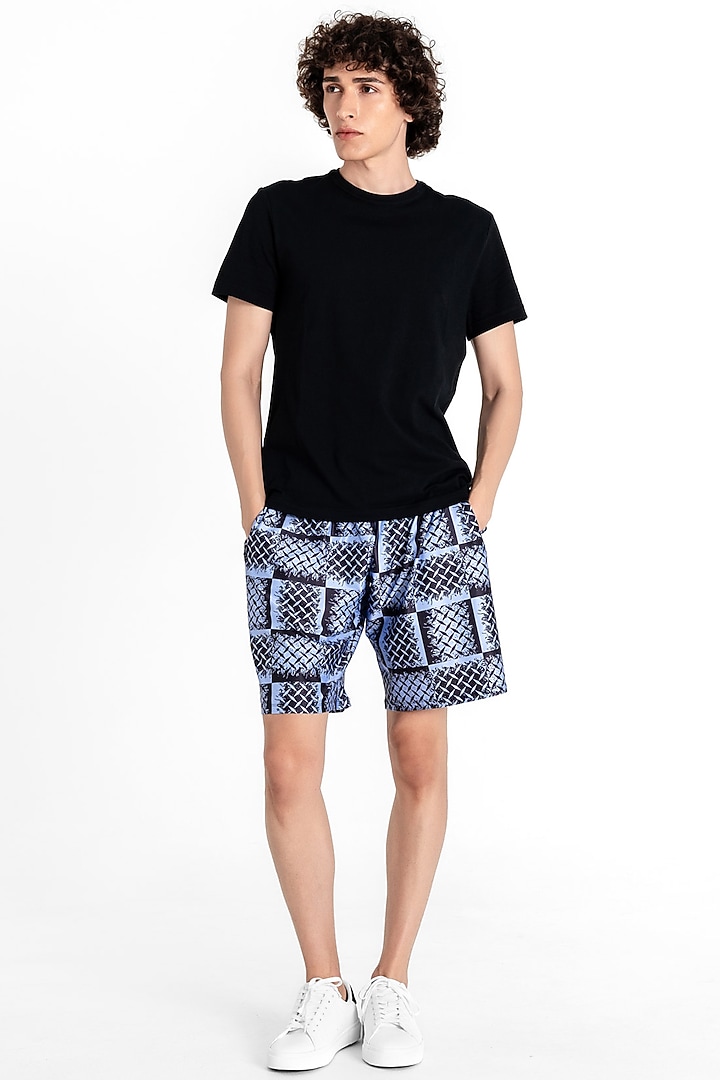 Blue Polyester Printed Trainign Shorts by Tezhomaya by Kavit Mehta at Pernia's Pop Up Shop
