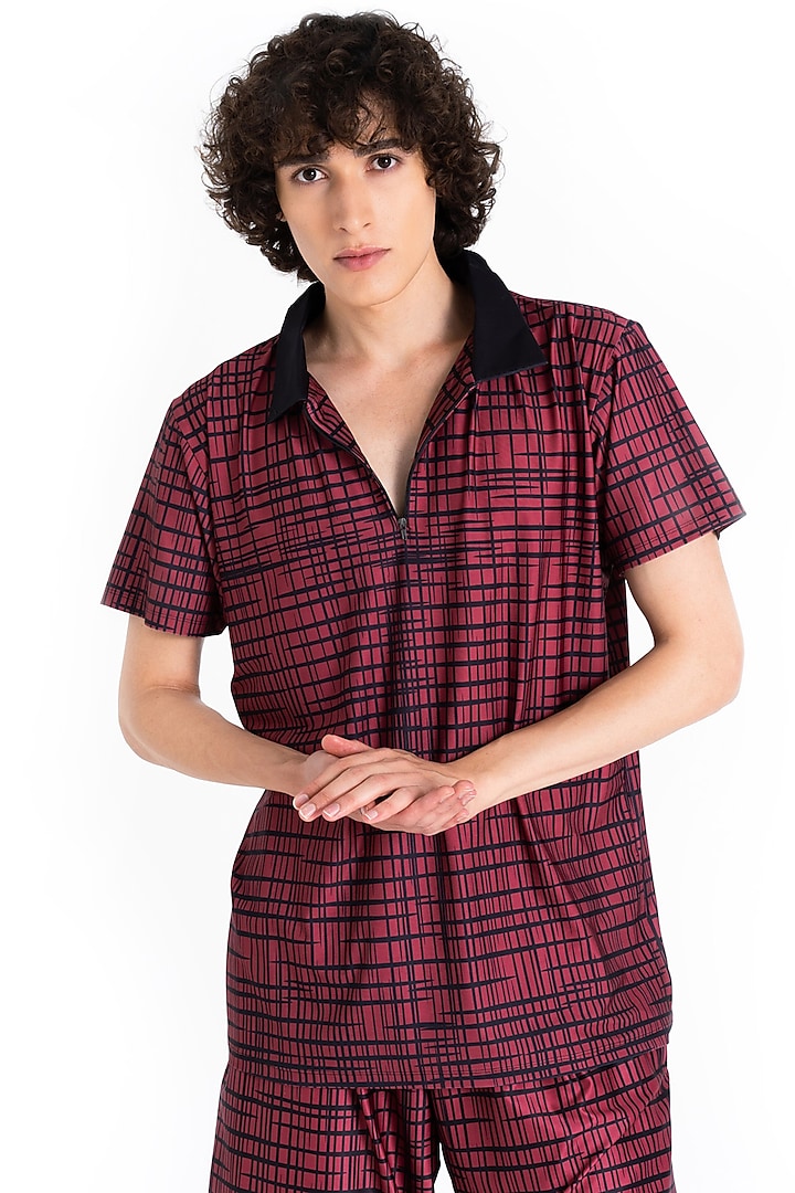 Carmine Red Polyester Printed Polo T-Shirt by Tezhomaya by Kavit Mehta