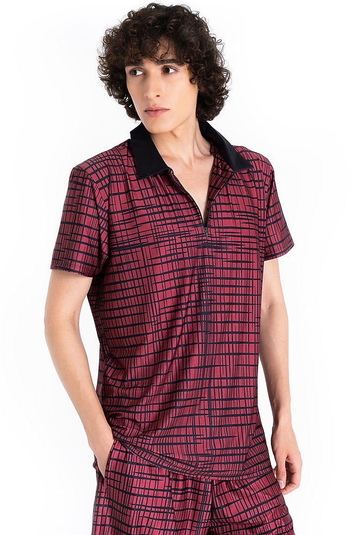 Carmine Red Polyester Printed Polo T-Shirt by Tezhomaya by Kavit Mehta at Pernia's Pop Up Shop