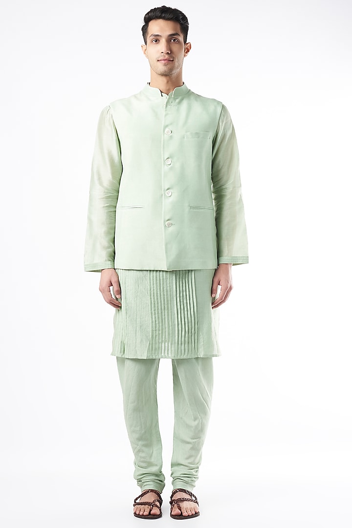 Mint Green Chanderi Silk Kurta Set With Bundi Jacket by DUARA MEN