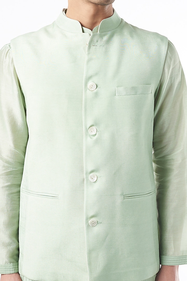 Mint Green Chanderi Silk Kurta Set With Bundi Jacket by DUARA MEN at Pernia's Pop Up Shop