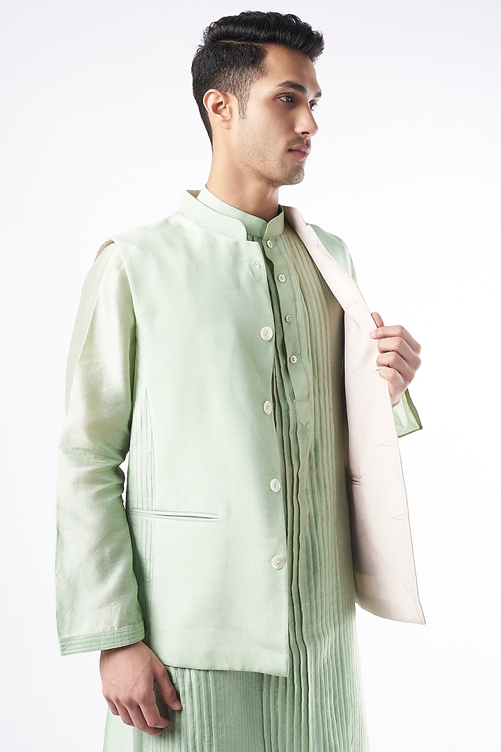Mint Green Chanderi Silk Kurta Set With Bundi Jacket by DUARA MEN at Pernia's Pop Up Shop