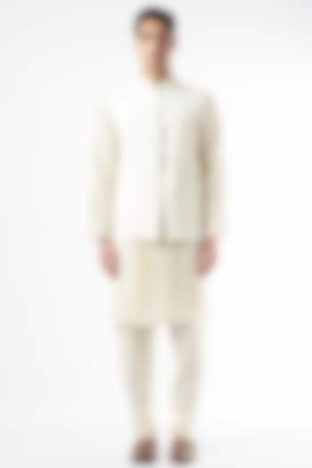 White Chanderi Silk Kurta Set With Bundi Jacket by DUARA MEN