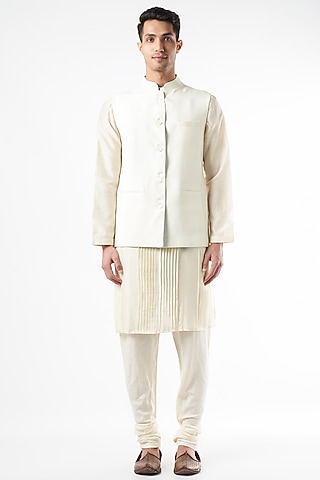 White Chanderi Silk Kurta Set With Bundi Jacket by DUARA MEN