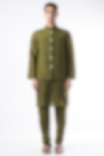 Olive Green Chanderi Silk Kurta Set With Bundi Jacket by DUARA MEN