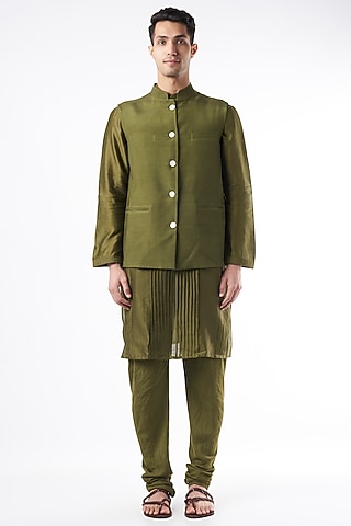 Olive Green Chanderi Silk Kurta Set With Bundi Jacket by DUARA MEN
