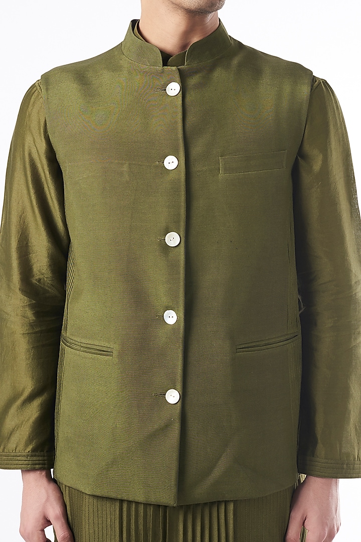 Olive Green Chanderi Silk Kurta Set With Bundi Jacket by DUARA MEN at Pernia's Pop Up Shop
