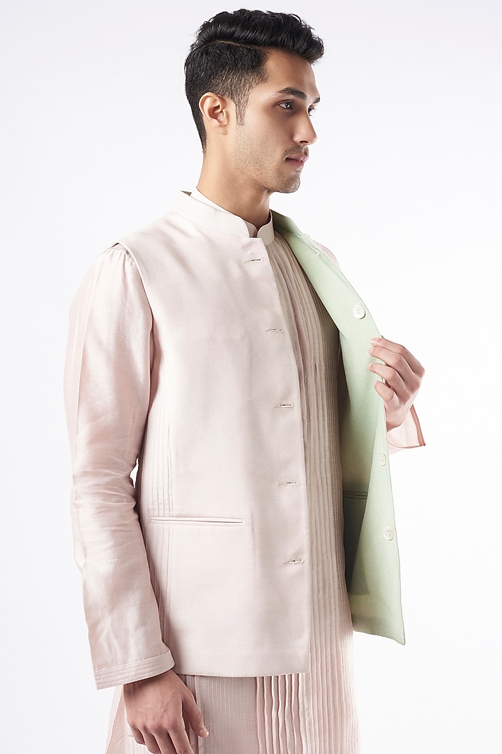 Blush Pink Chanderi Silk Kurta Set With Bundi Jacket by DUARA MEN at Pernia's Pop Up Shop