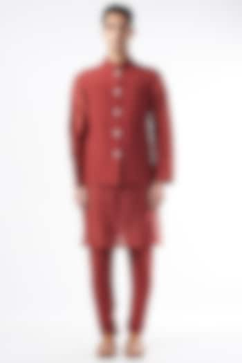 Red Chanderi Silk Kurta Set With Bundi Jacket by DUARA MEN at Pernia's Pop Up Shop