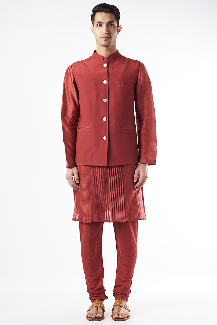 Red Chanderi Silk Kurta Set With Bundi Jacket by DUARA MEN