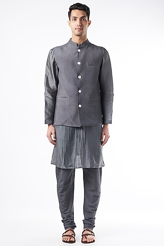 Dark Grey Chanderi Silk Kurta Set With Bundi Jacket by DUARA MEN
