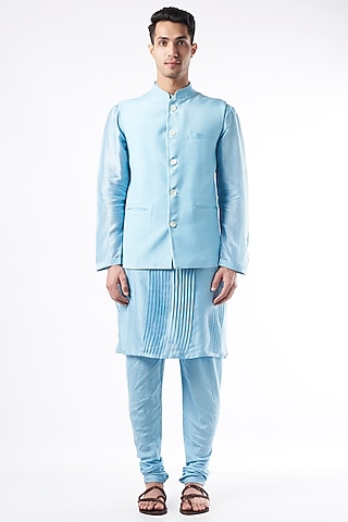Sky Blue Chanderi Silk Kurta Set With Bundi Jacket by DUARA MEN
