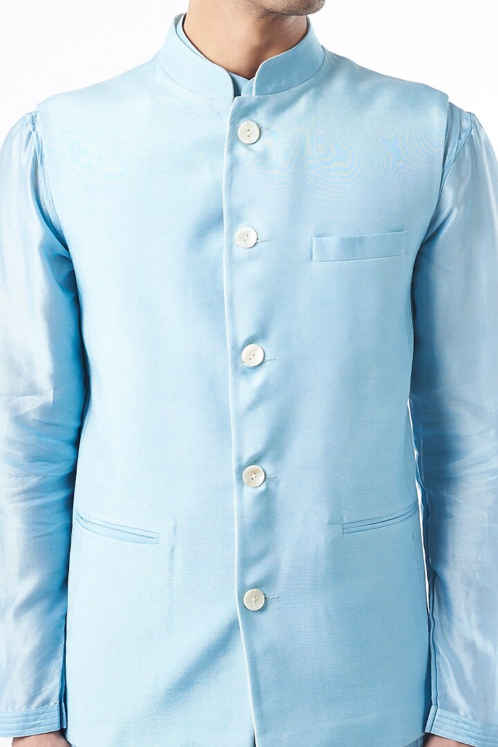 Sky Blue Chanderi Silk Kurta Set With Bundi Jacket by DUARA MEN