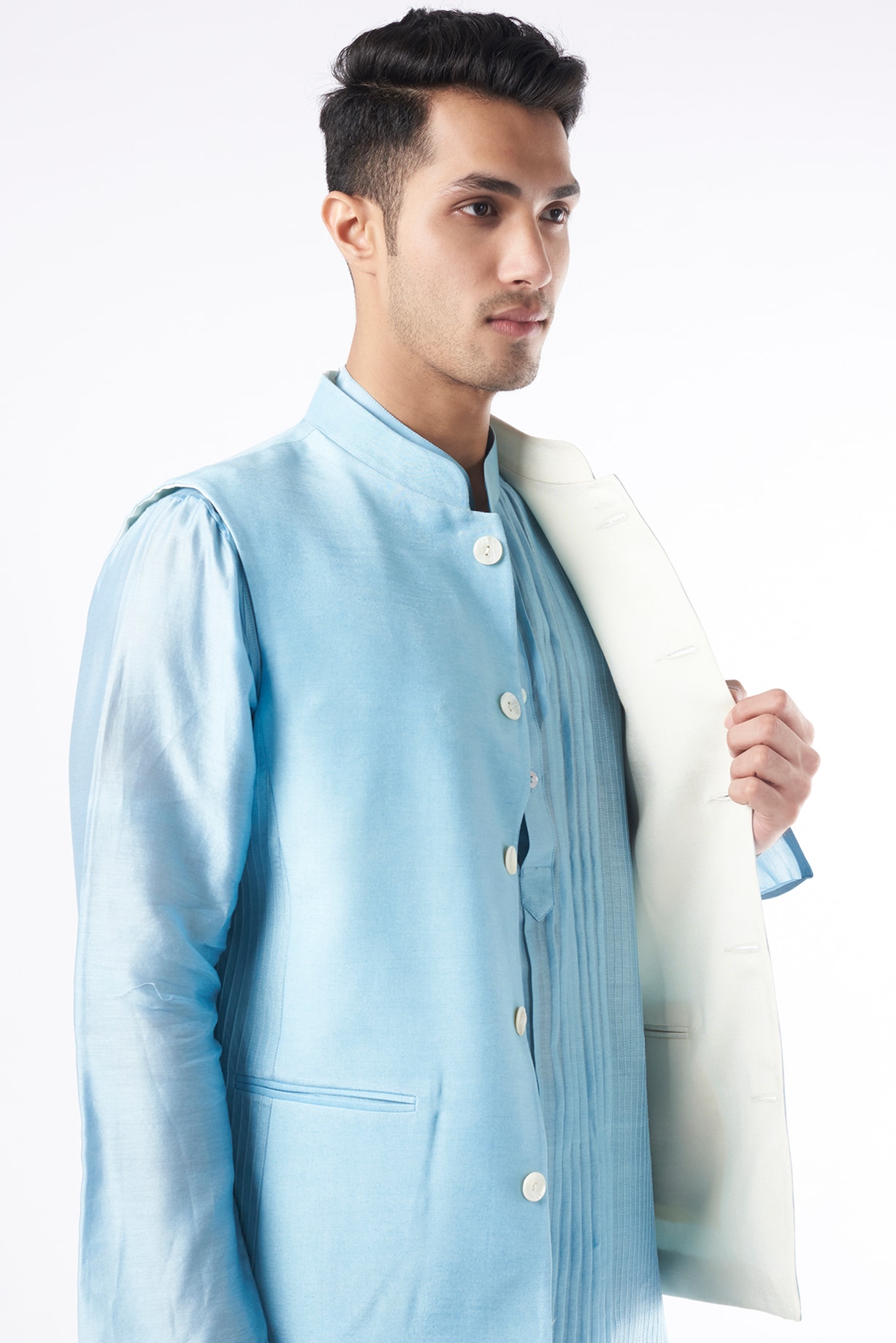 Sky Blue Chanderi Silk Kurta Set With Bundi Jacket by DUARA MEN