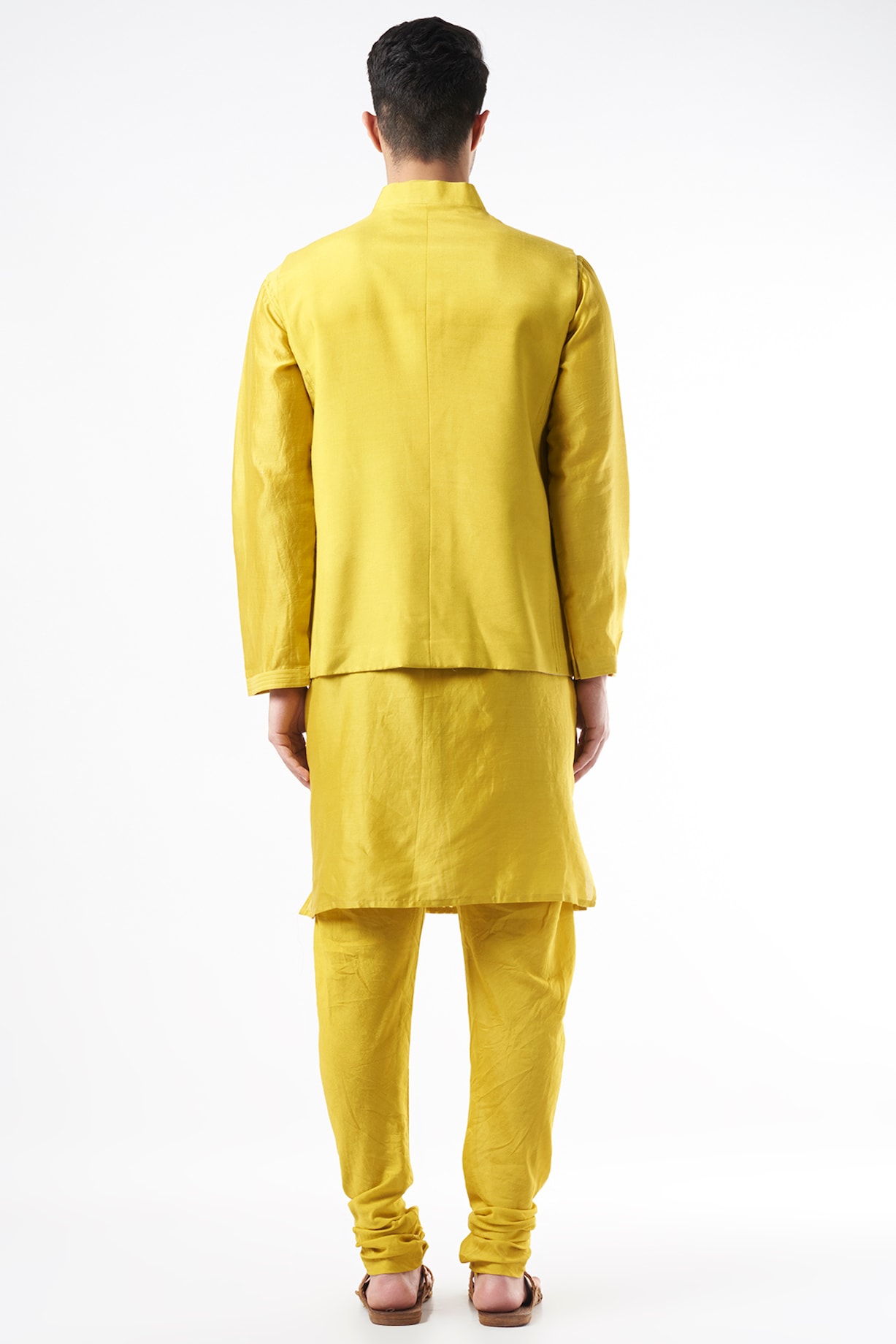Mustard Chanderi Silk Kurta Set With Bundi Jacket by DUARA MEN