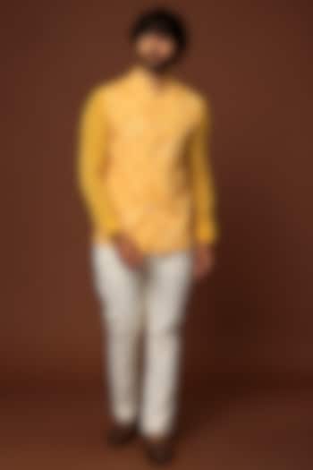Yellow Crepe Blend Bundi Jacket With Pant Set by DUARA Men
