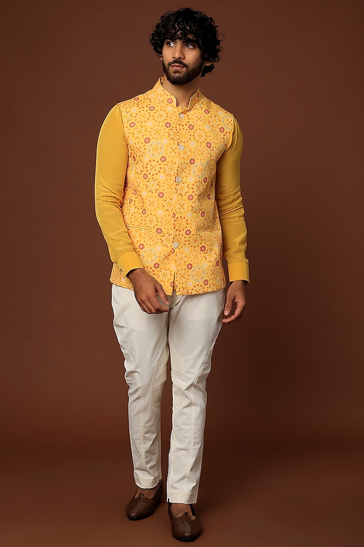 Yellow Crepe Blend Bundi Jacket With Pant Set by DUARA Men