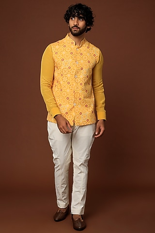 Yellow Crepe Blend Bundi Jacket With Pant Set by DUARA Men