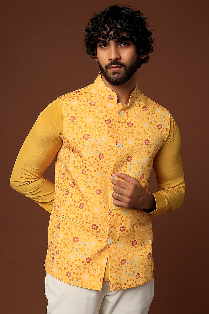 Yellow Crepe Blend Bundi Jacket With Pant Set by DUARA Men at Pernia's Pop Up Shop