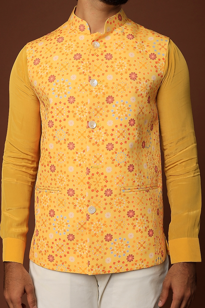 Yellow Crepe Blend Bundi Jacket With Pant Set by DUARA Men at Pernia's Pop Up Shop