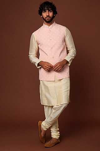 Blush Pink Crepe Blend Printed Bundi Jacket With Kurta Set by DUARA Men