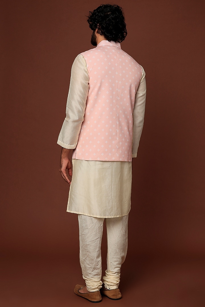 Blush Pink Crepe Blend Printed Bundi Jacket With Kurta Set by DUARA Men at Pernia's Pop Up Shop