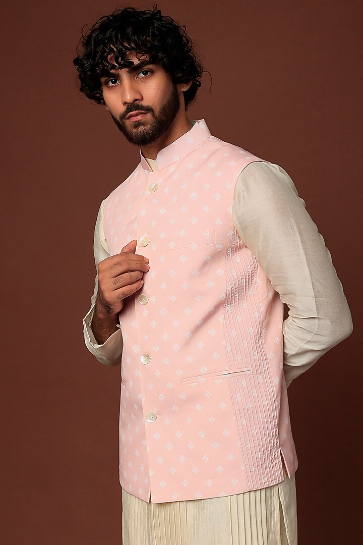 Blush Pink Crepe Blend Printed Bundi Jacket With Kurta Set by DUARA Men at Pernia's Pop Up Shop