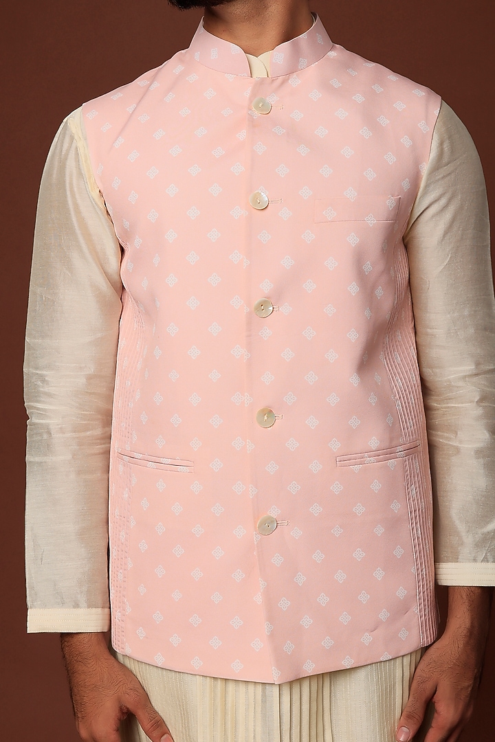 Blush Pink Crepe Blend Printed Bundi Jacket With Kurta Set by DUARA Men at Pernia's Pop Up Shop