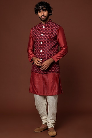Red Printed Bundi Jacket With Kurta Set by DUARA Men