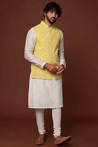 Lime Crepe Blend Bundi Jacket With Kurta Set by DUARA Men