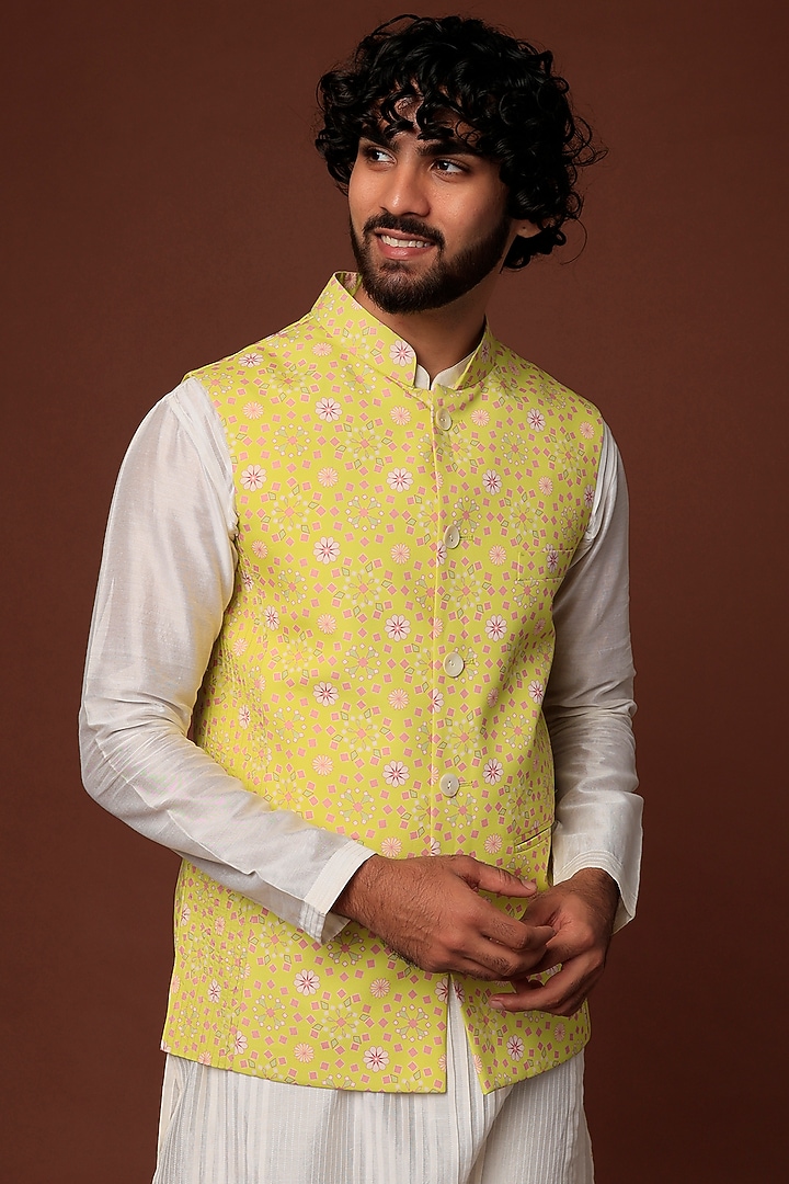 Lime Crepe Blend Bundi Jacket With Kurta Set by DUARA Men at Pernia's Pop Up Shop