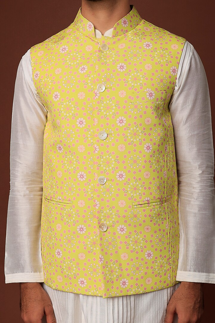 Lime Crepe Blend Bundi Jacket With Kurta Set by DUARA Men at Pernia's Pop Up Shop