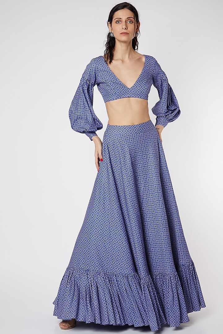 Cobalt Printed Gathered Skirt Set by DUARA