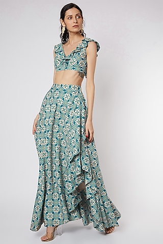 Emerald Green Printed Ruffled Skirt Set by DUARA
