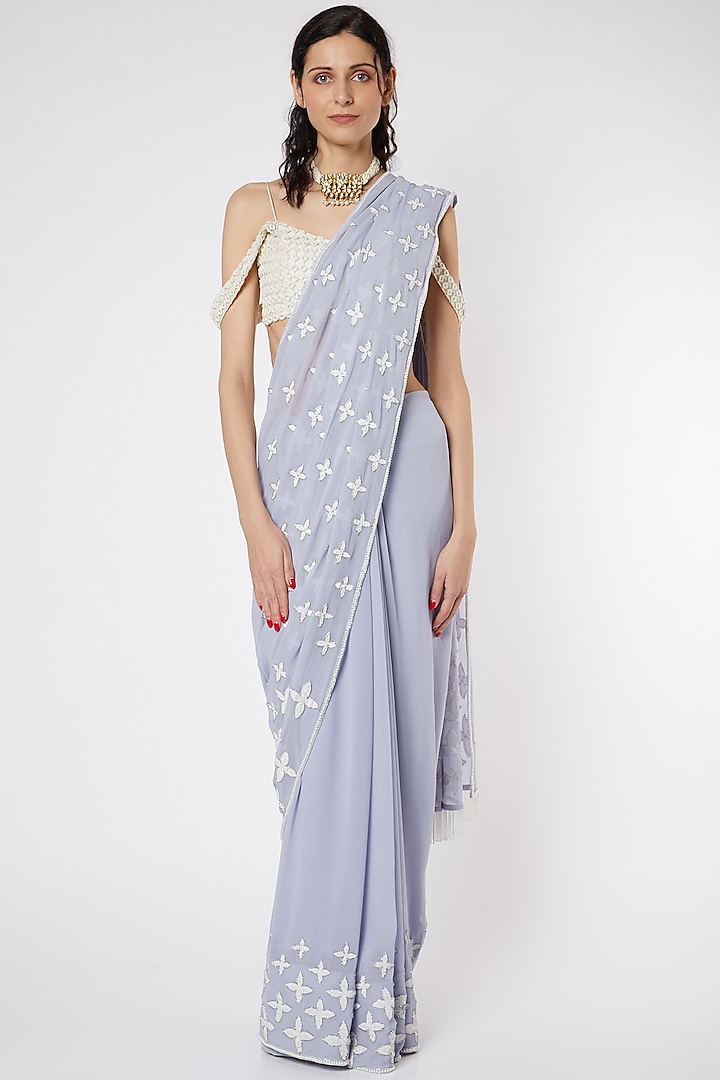 Mauve Pure Silk Georgette Floral Applique Embroidered Saree Set by DUARA