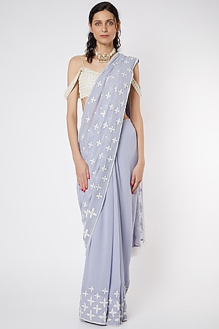 Mauve Pure Silk Georgette Floral Applique Embroidered Saree Set by DUARA