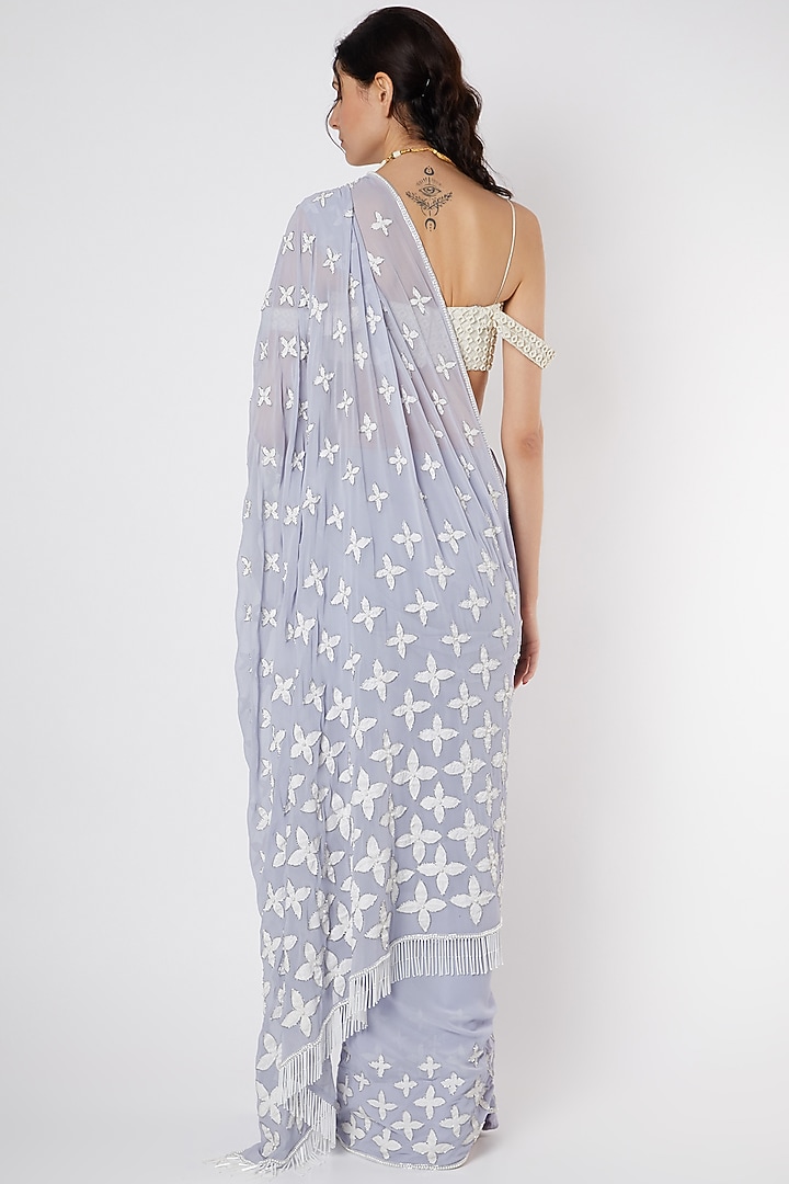 Mauve Pure Silk Georgette Floral Applique Embroidered Wedding Saree Set by DUARA at Pernia's Pop Up Shop
