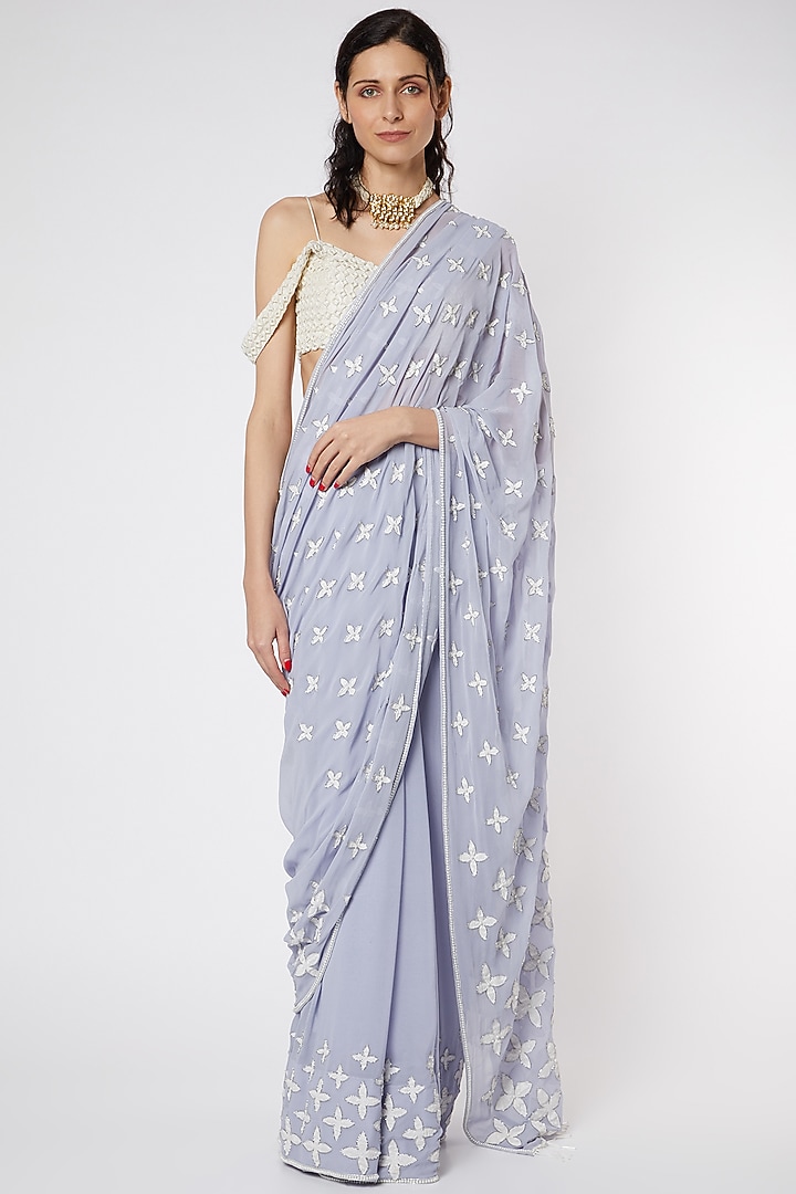 Mauve Pure Silk Georgette Floral Applique Embroidered Wedding Saree Set by DUARA at Pernia's Pop Up Shop